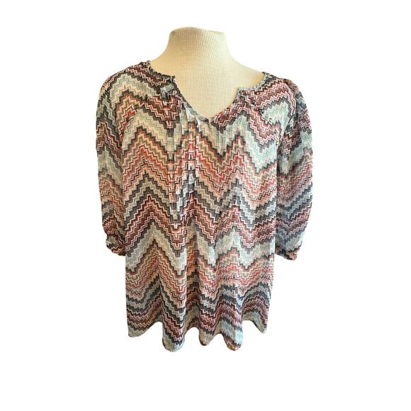 Eyeshadow Tops - EYESHADOW PATTERENED SHEERV NECK BLOUSE WOMENS PLUS SIZE 1X